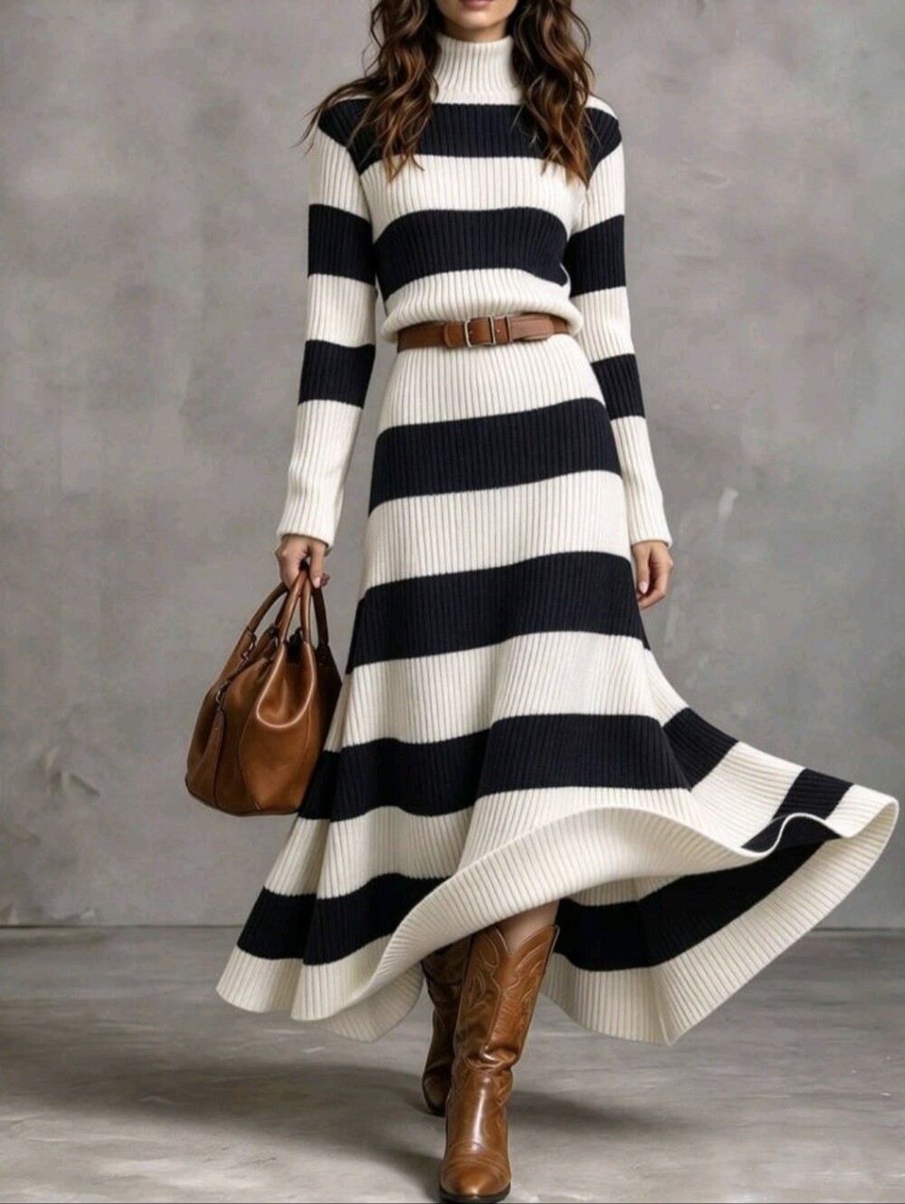 Women's 2 Pieces Sweater Set, High Neck Sweater + A-Line Knit Skirt